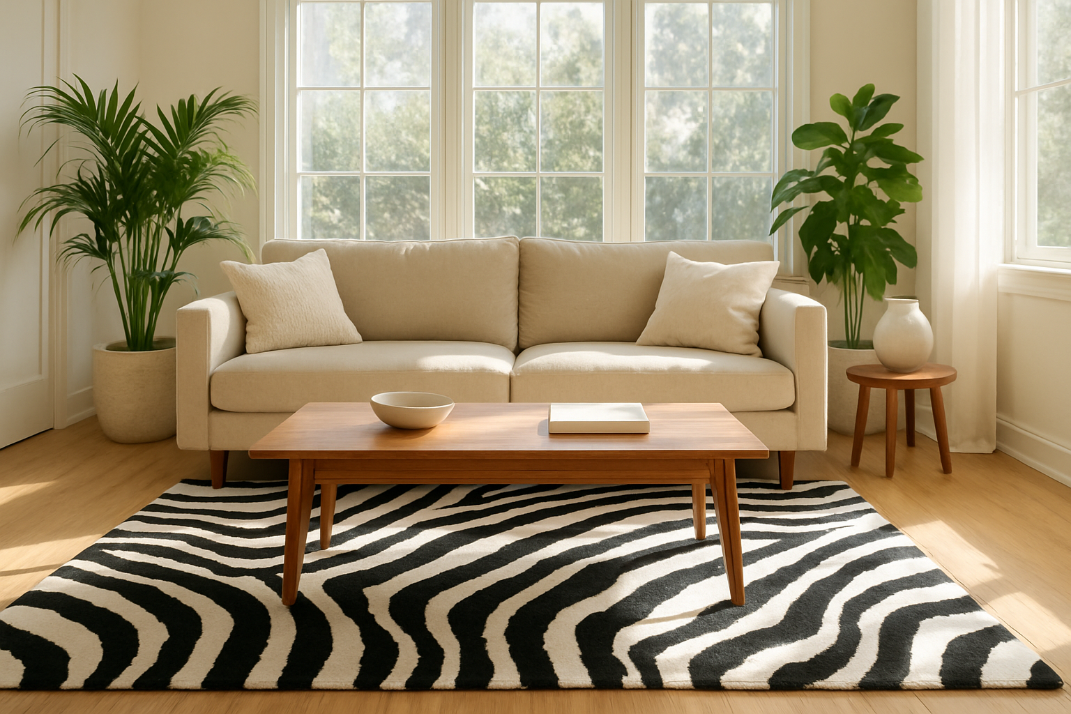 Salon lumineux avec un grand tapis zèbre noir et blanc sous une table basse en bois, canapé beige et plantes vertes, lumière naturelle.