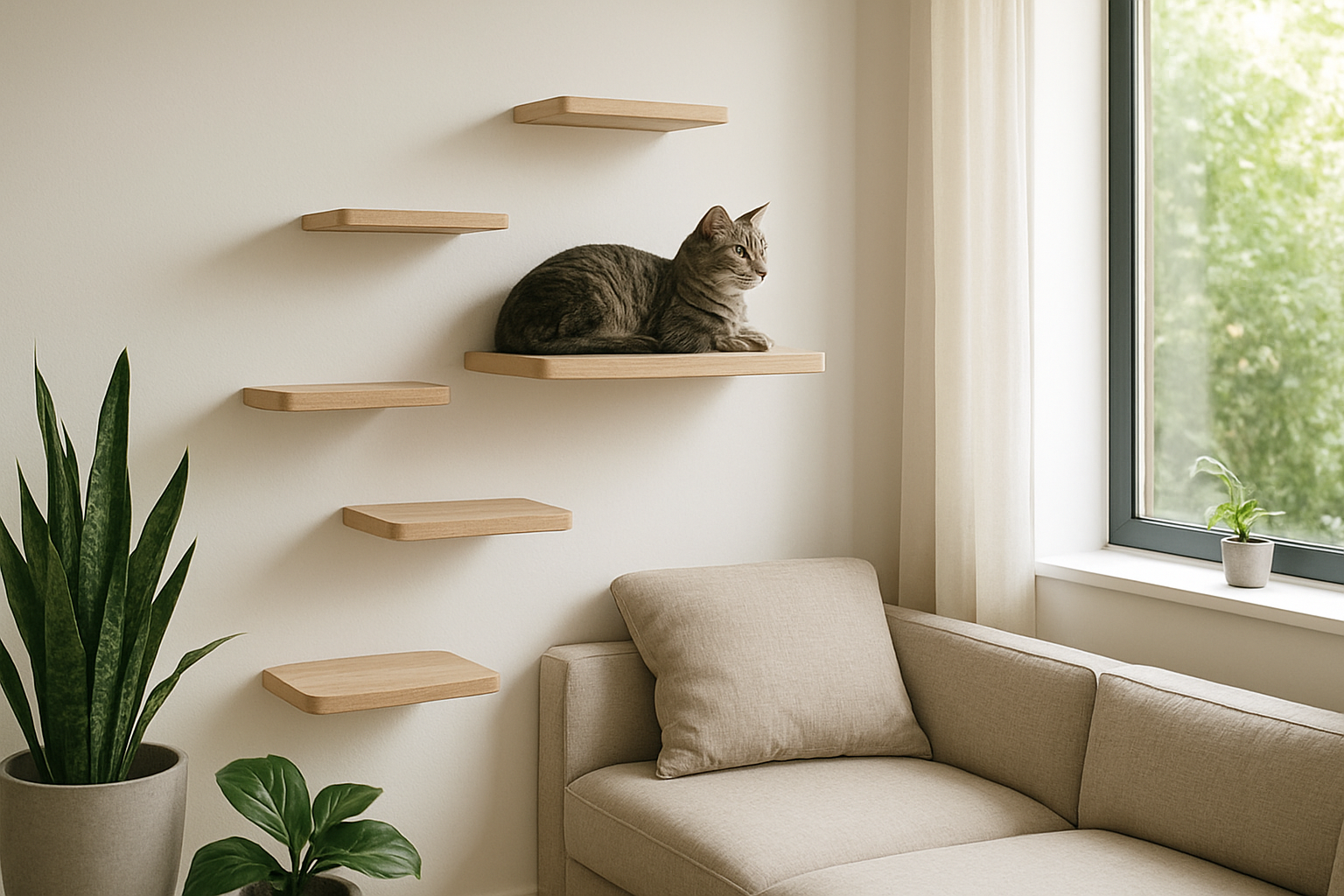 Étagère à chat en bois clair fixée au mur d'un salon, avec un chat tigré gris couché sur une plateforme, lumière naturelle et plantes vertes.