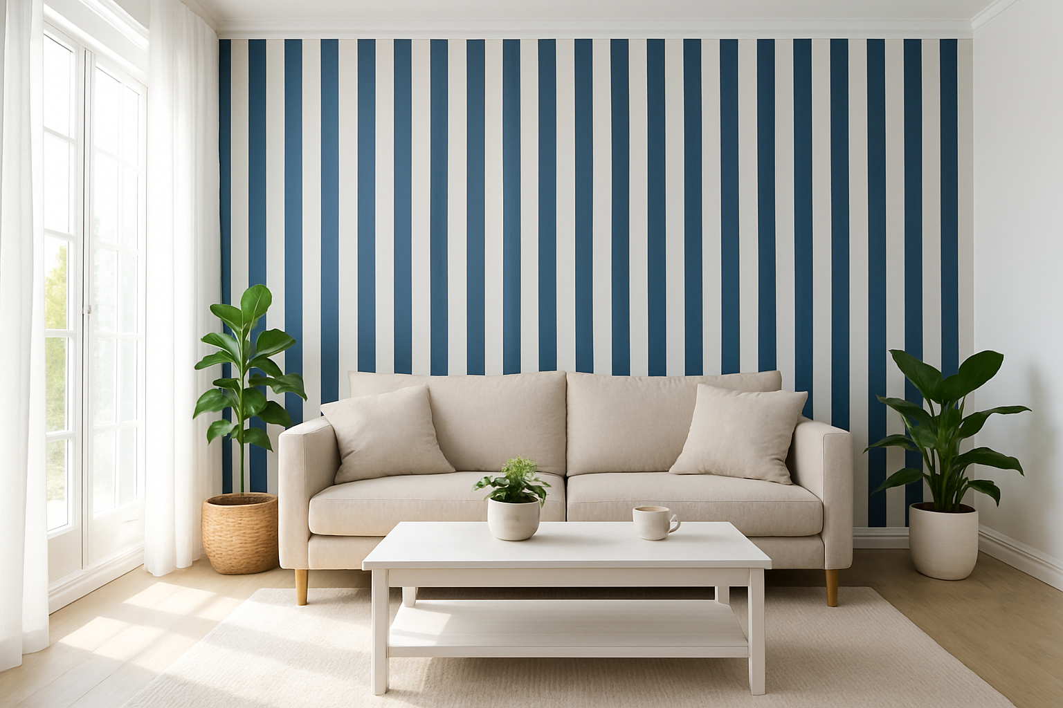 Salon lumineux avec un mur d'accent en papier peint rayures bleues verticales, canapé beige, table basse blanche et plantes vertes, style magazine déco.