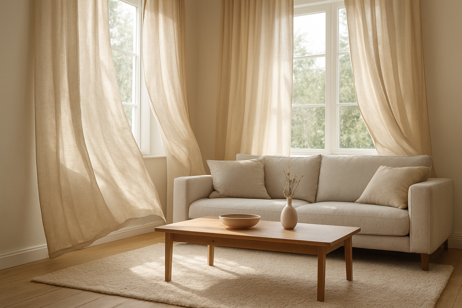 Rideaux en lin beige dans un salon lumineux avec canapé moderne et table basse en bois, lumière naturelle traversant les voilages.