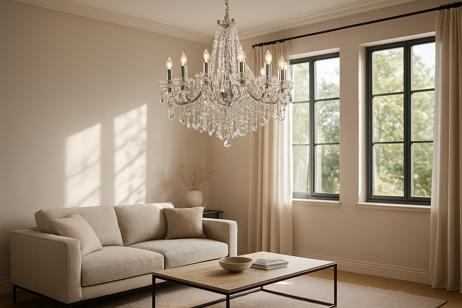 Lustre en cristal moderne suspendu dans un salon lumineux avec des cristaux étincelants et un cadre chromé, reflétant la lumière naturelle.