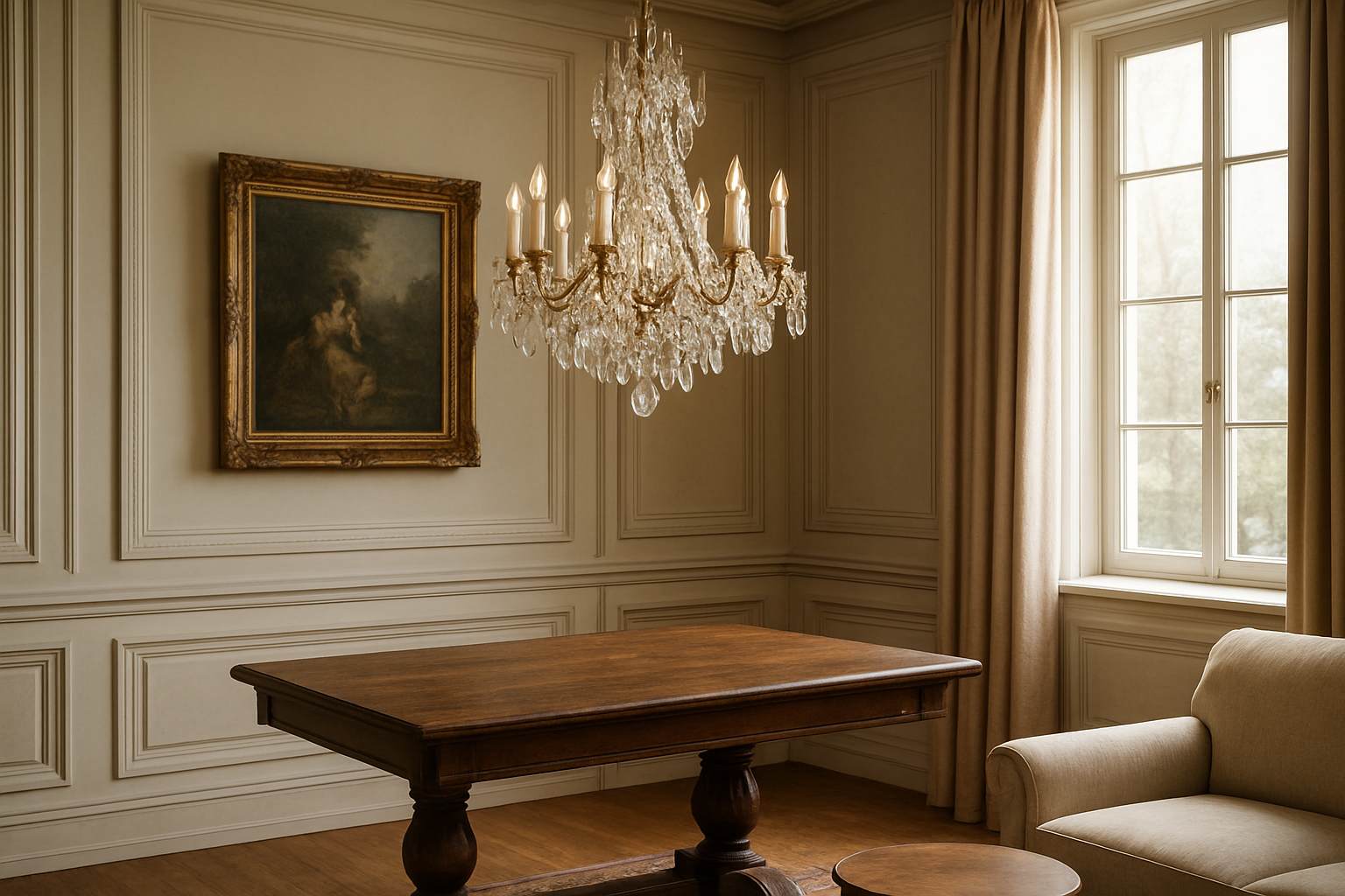 Lustre ancien en cristal suspendu au-dessus d'une table en bois dans un salon classique éclairé par la lumière naturelle