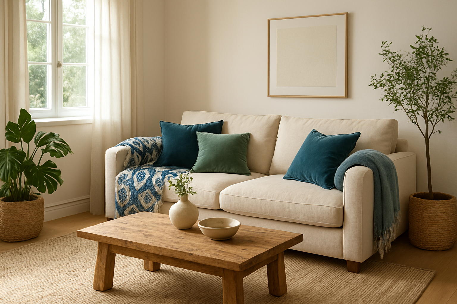 Plaid bouchara bleu et blanc à motifs losanges sur canapé beige dans un salon lumineux avec coussins et plantes vertes.