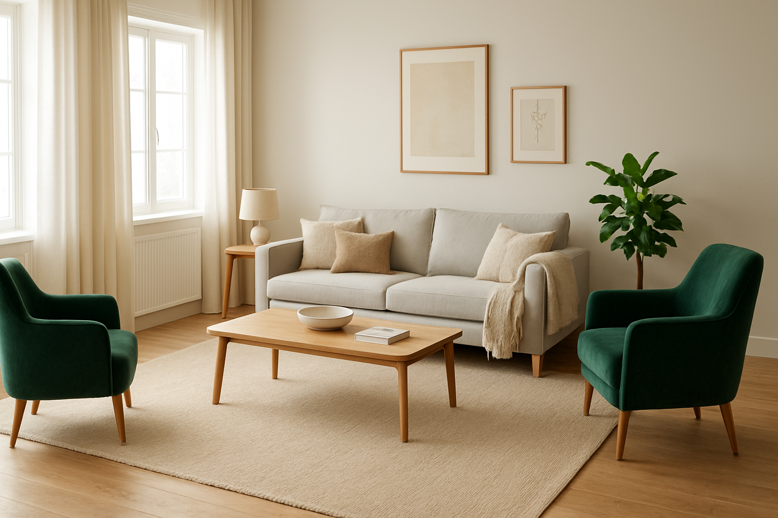 Grand tapis Saint Maclou beige dans un salon lumineux au style scandinave, sous une table basse en bois, avec canapé gris et fauteuils verts.