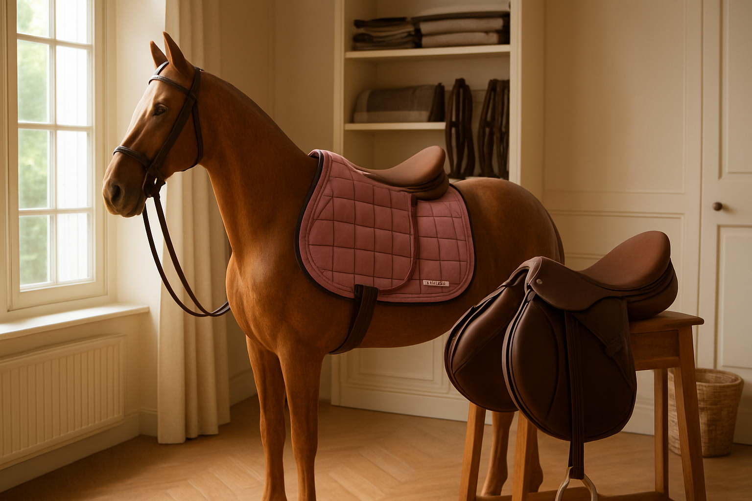 Tapis de selle Kentucky Velvet rose sur un cheval d'exposition en bois, dans une sellerie lumineuse avec une selle en cuir à côté.