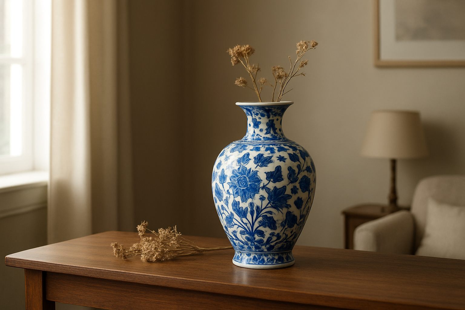 Vase de Delft bleu et blanc posé sur une console en bois, avec des fleurs séchées, dans un salon lumineux au style épuré