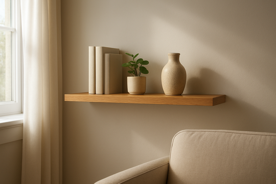 Étagère en chêne massif murale avec livres, plante verte et vase en céramique, dans un salon baigné de lumière naturelle.