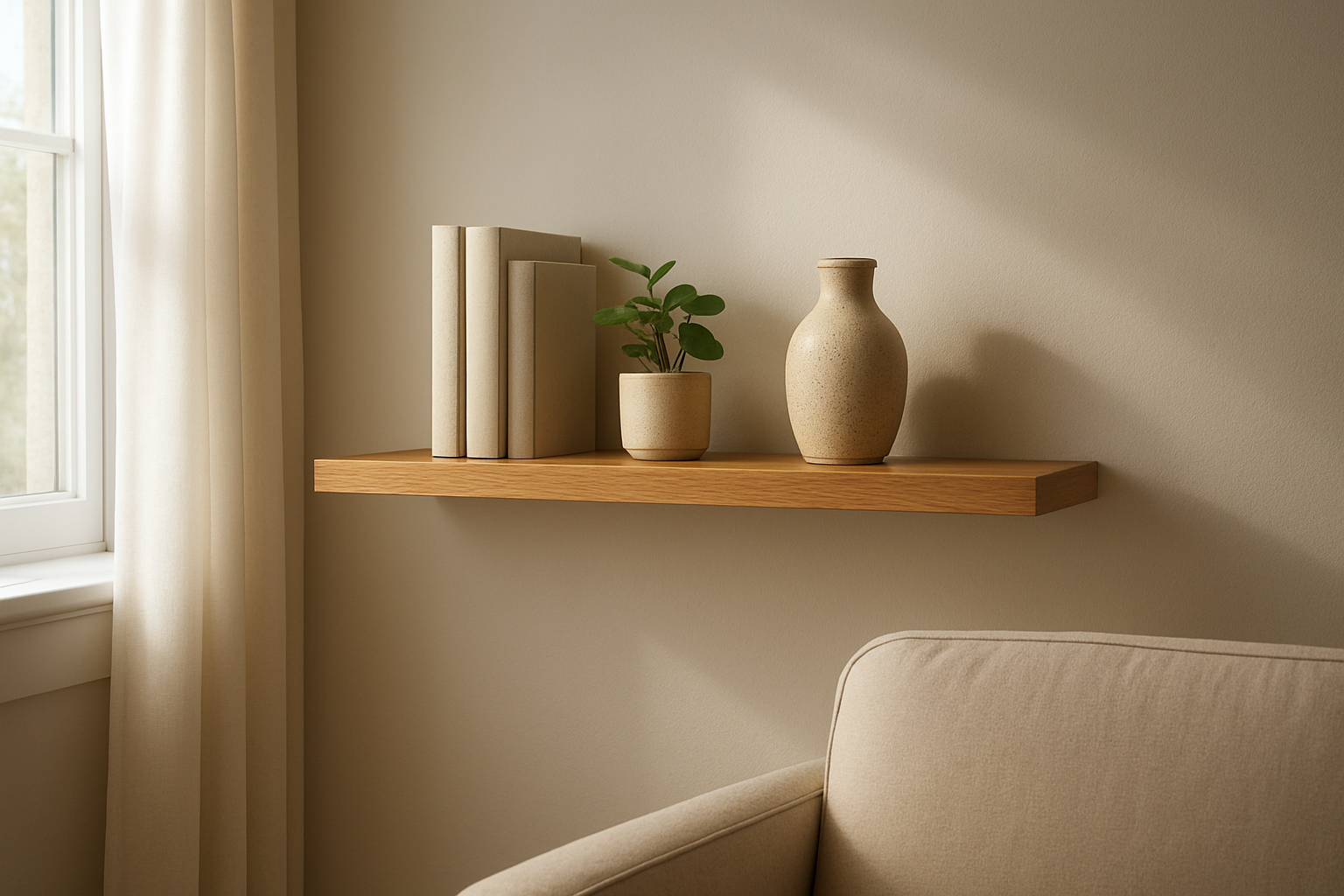 Étagère en chêne massif murale avec livres, plante verte et vase en céramique, dans un salon baigné de lumière naturelle.