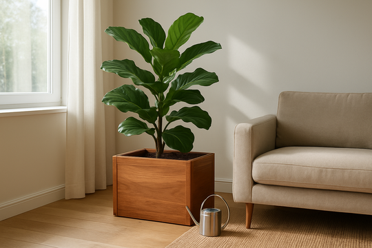 Grande jardinière en teck avec ficus lyrata dans un salon lumineux au style scandinave, près d'une fenêtre