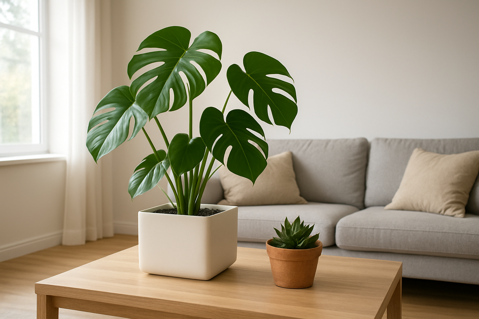 Jardinière blanche en céramique avec monstera sur table basse en bois, salon lumineux style scandinave