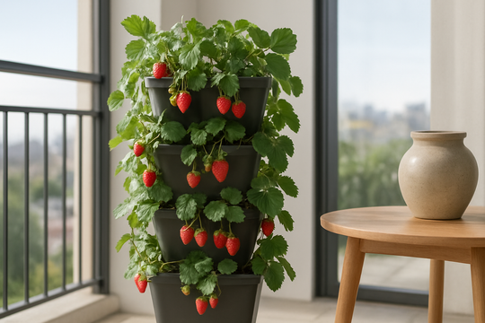 Jardinière verticale à fraises sur un balcon moderne, avec plants verdoyants et fruits rouges mûrs, éclairée par la lumière naturelle