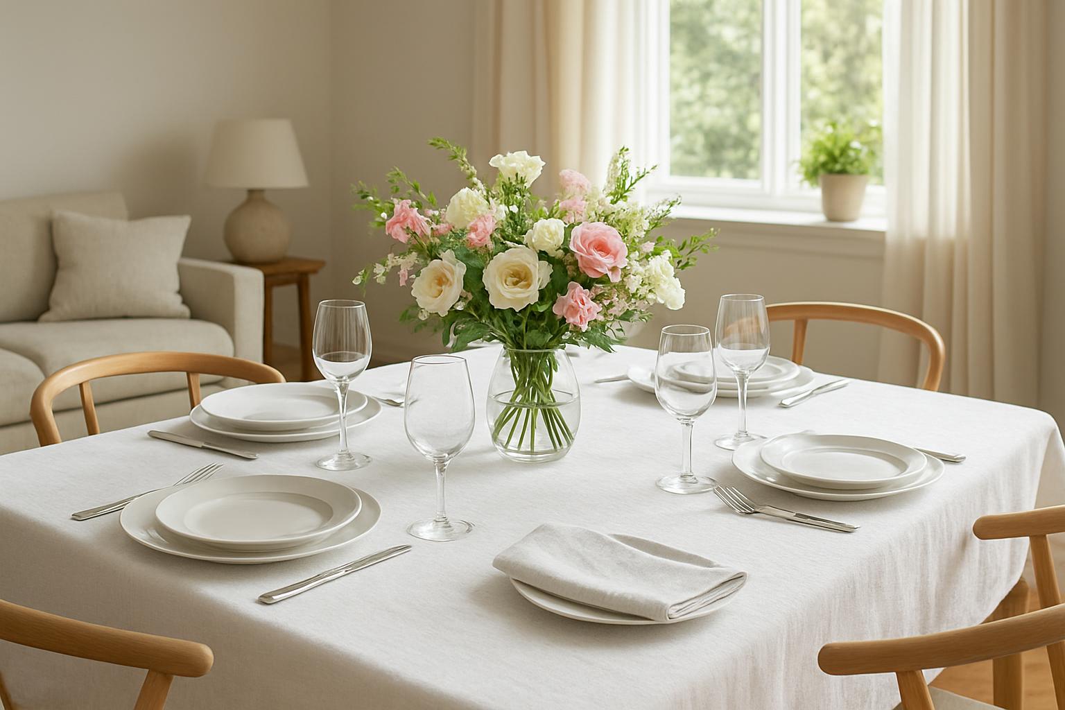 Table dressée avec une nappe en lin blanc Cyrillus, assiettes en porcelaine et verres, lumière naturelle provenant d'une fenêtre, décor intérieur élégant et lumineux