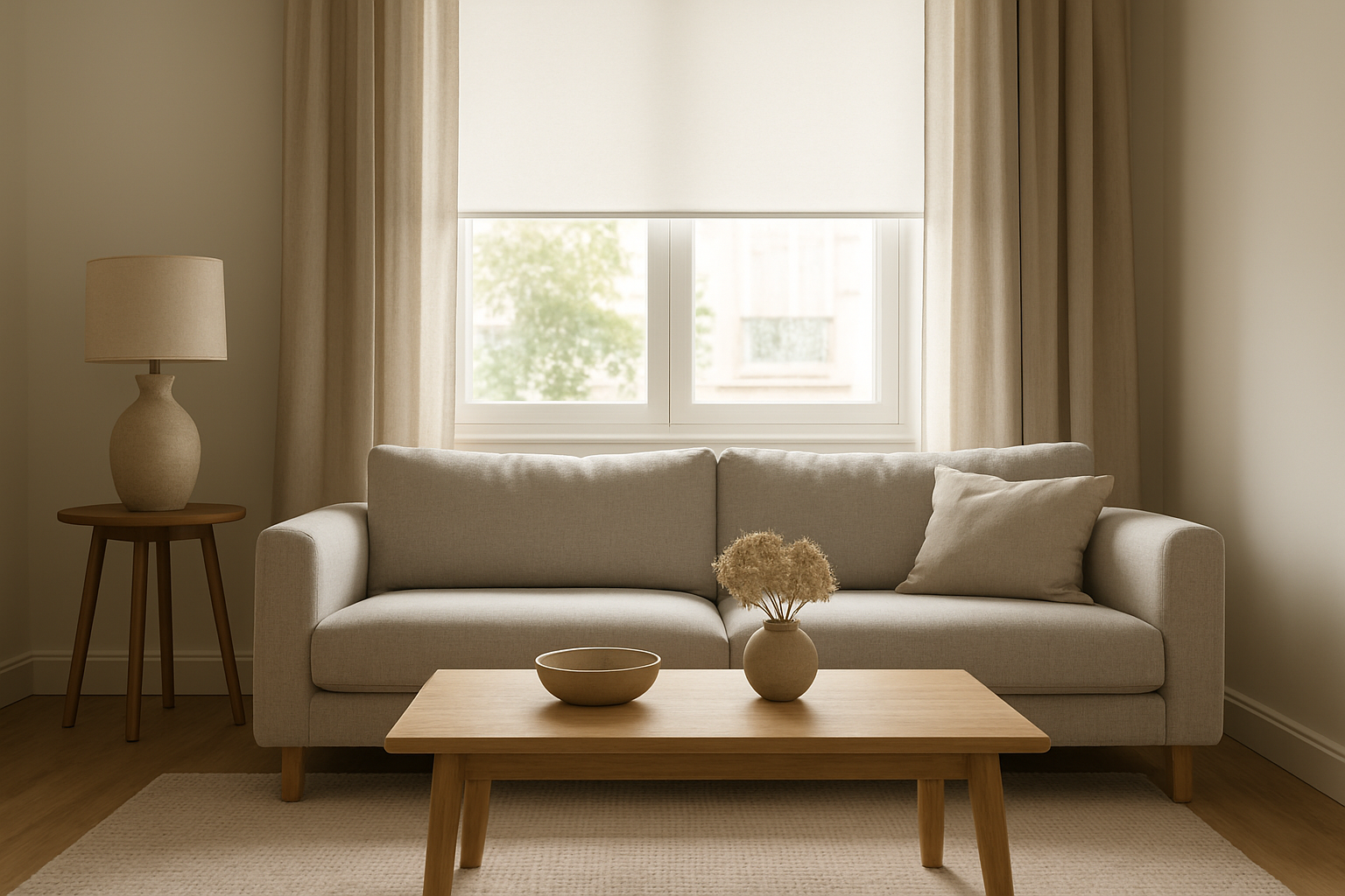 Salon grenoblois avec rideaux en lin beige et store enrouleur blanc, table basse en bois et canapé gris clair, lumière naturelle tamisée