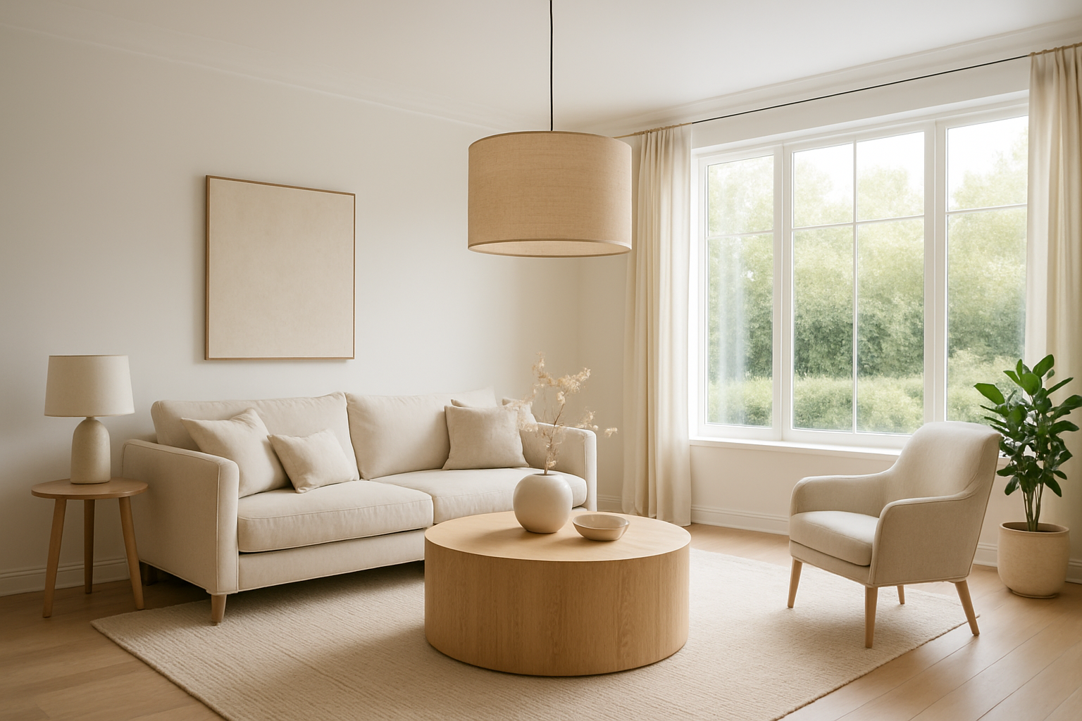 Suspension abat-jour en lin beige dans un salon moderne avec table basse en bois et lumière naturelle