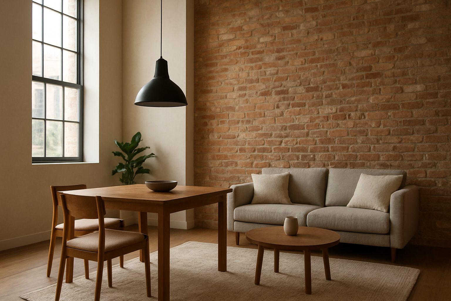 Abat-jour industriel en métal noir suspendu au-dessus d'une table en bois dans un salon loft avec mur en briques apparentes et lumière naturelle