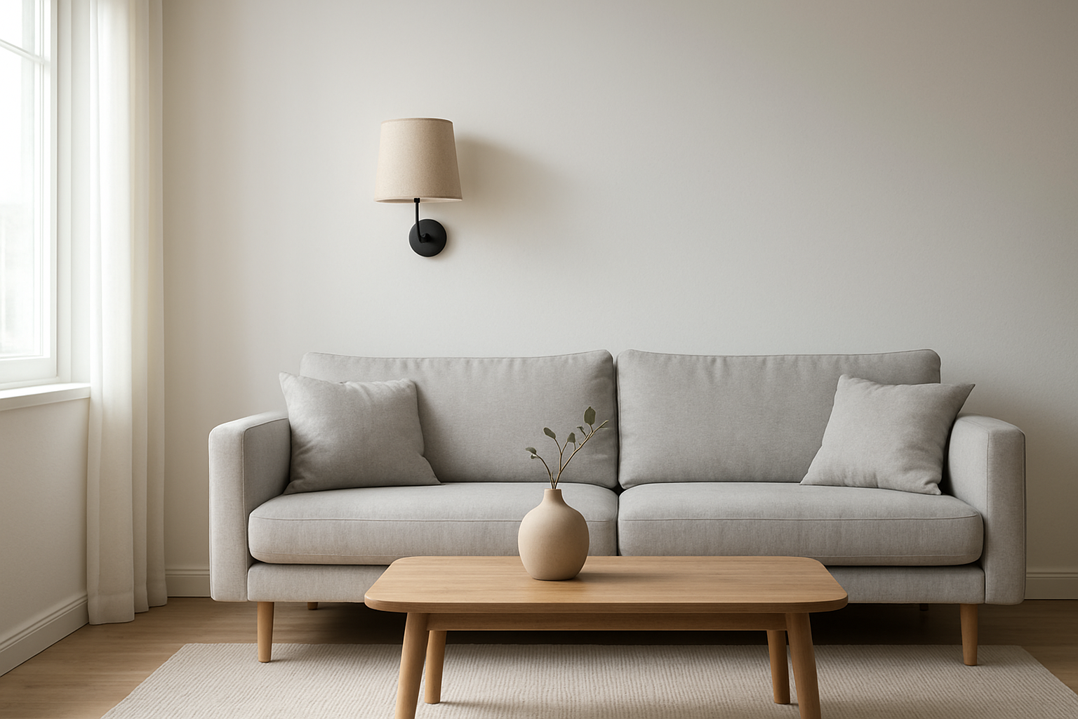 Abat-jour mural en tissu beige au-dessus d'un canapé gris dans un salon lumineux au style scandinave
