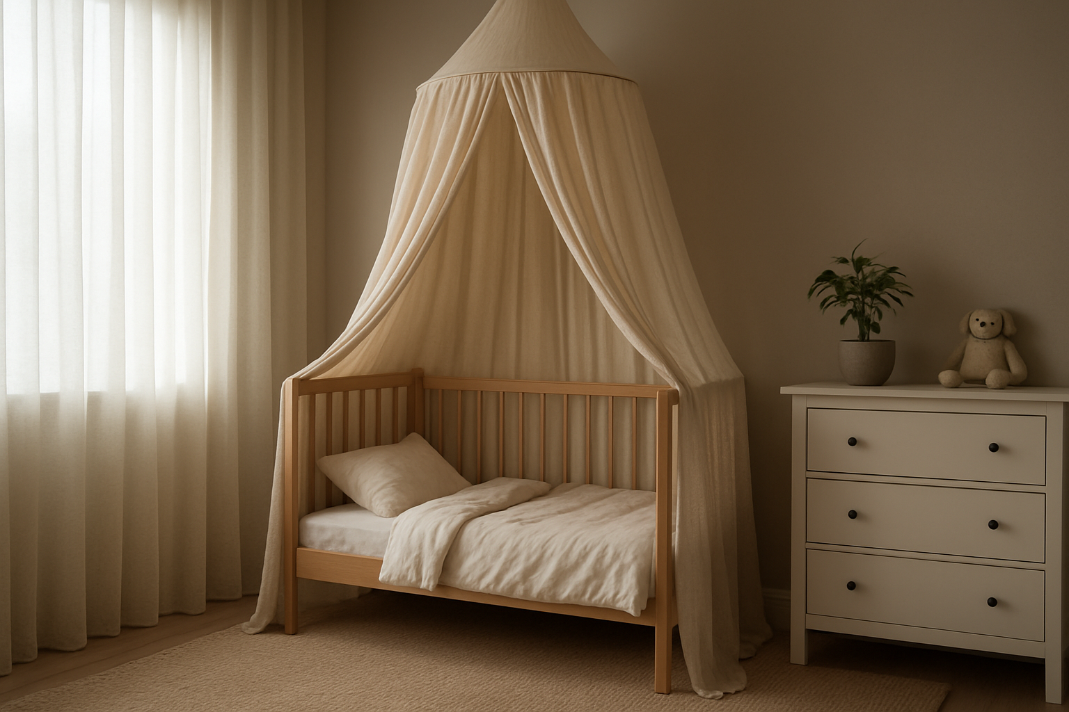 Lit bébé avec un ciel de lit beige en coton suspendu au plafond, dans une chambre lumineuse aux tons neutres avec un tapis beige et une commode blanche