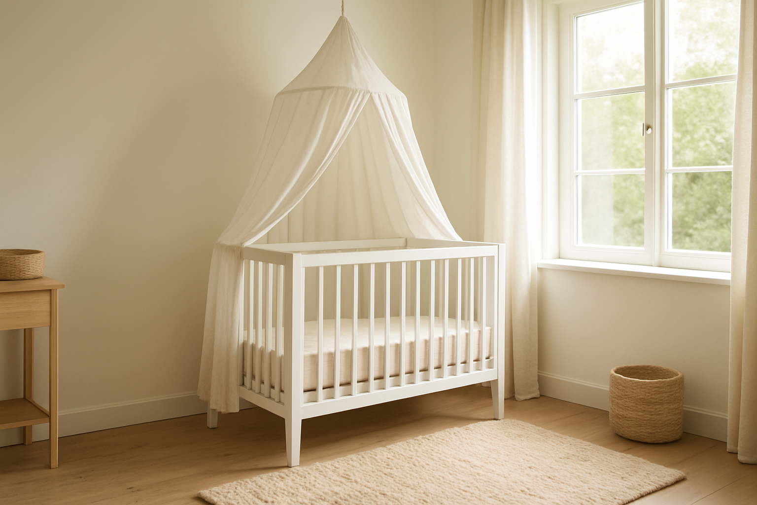 Ciel de lit Jollein blanc suspendu au-dessus d'un lit bébé en bois, dans une chambre lumineuse au style scandinave avec tapis beige