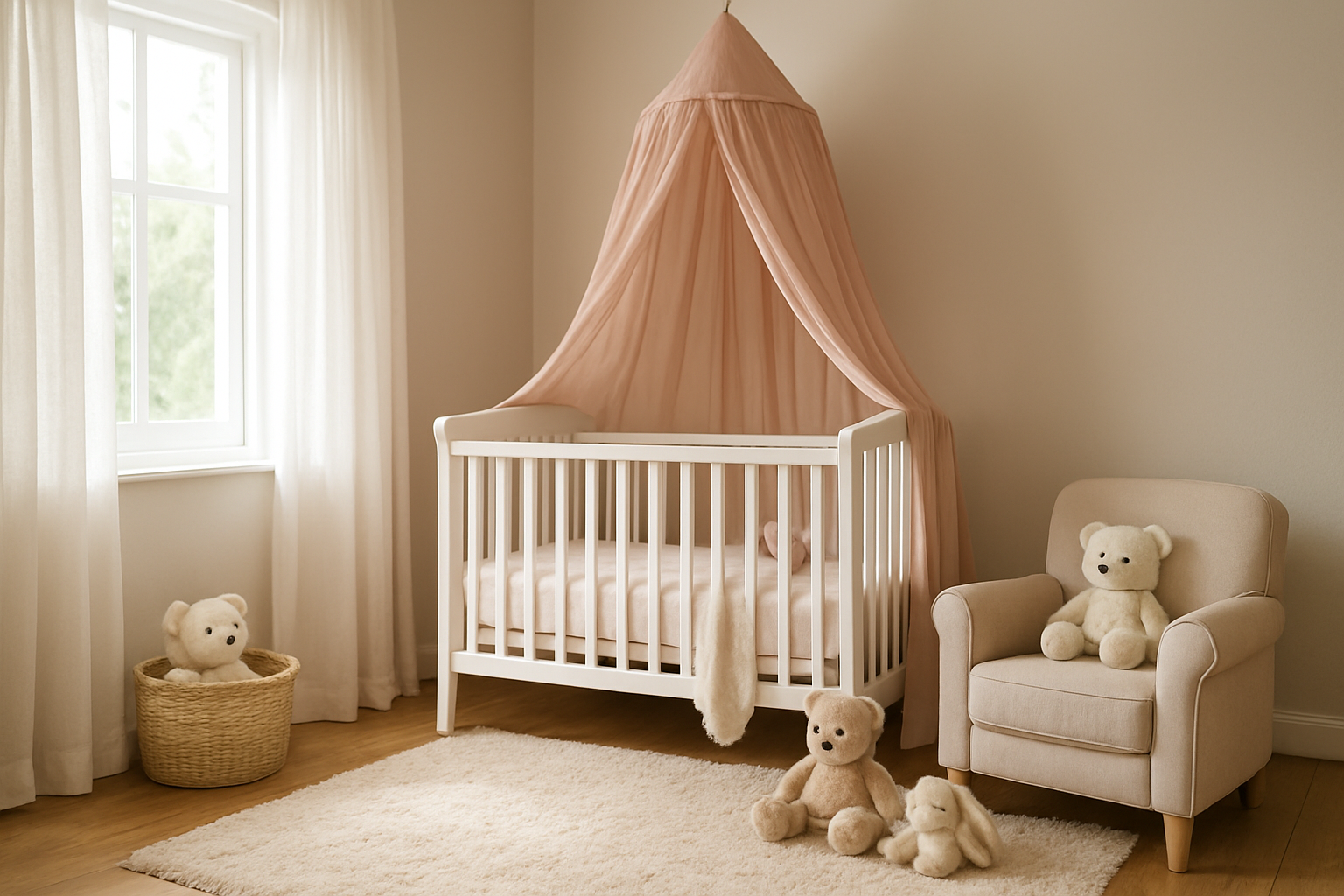 Ciel de lit rose en coton suspendu au-dessus d'un berceau blanc dans une chambre lumineuse, avec des jouets en peluche et un fauteuil cosy.