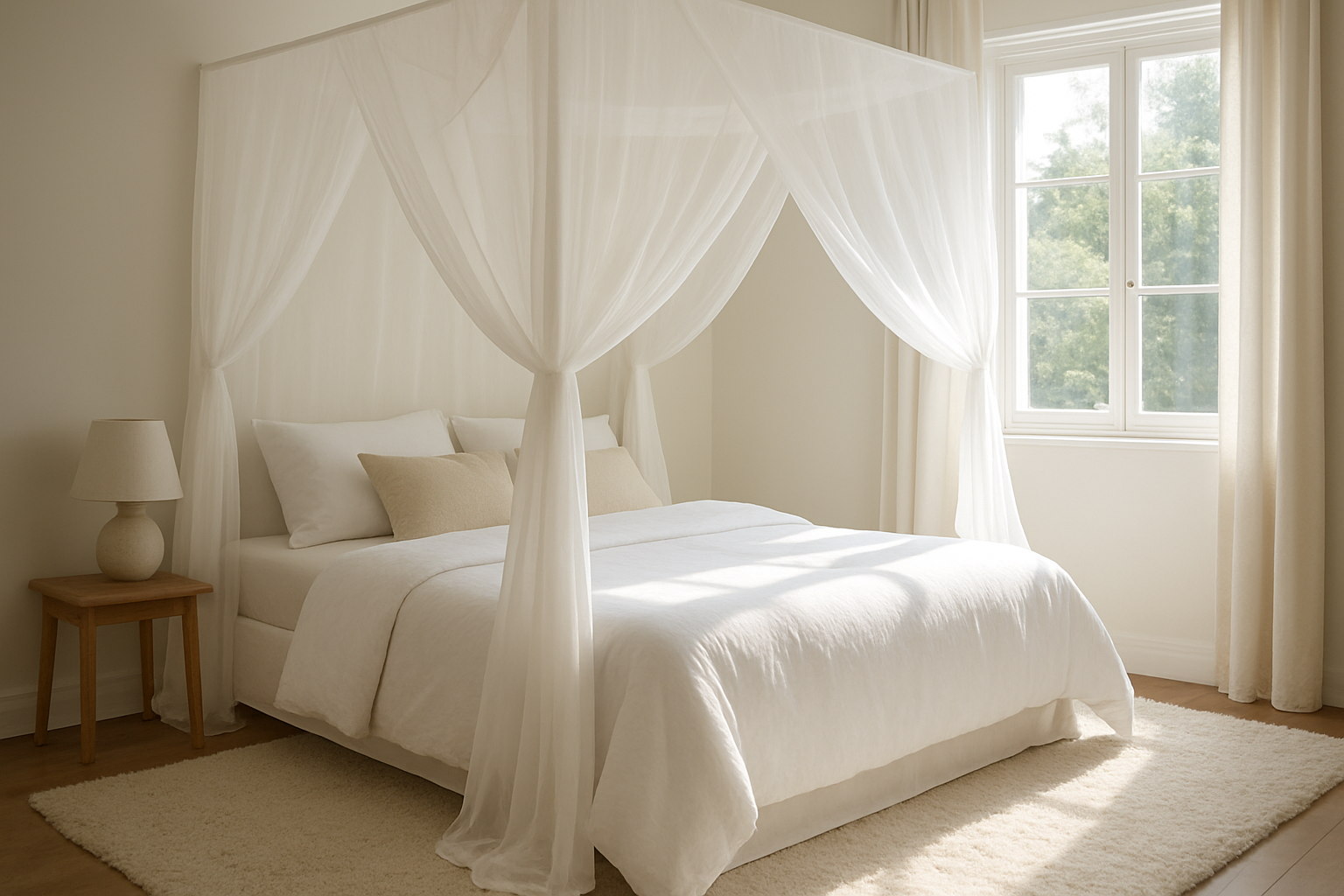 Lit double avec un ciel de lit moustiquaire blanc en voile suspendu au plafond, lumière naturelle tamisée, chambre décorée style bohème