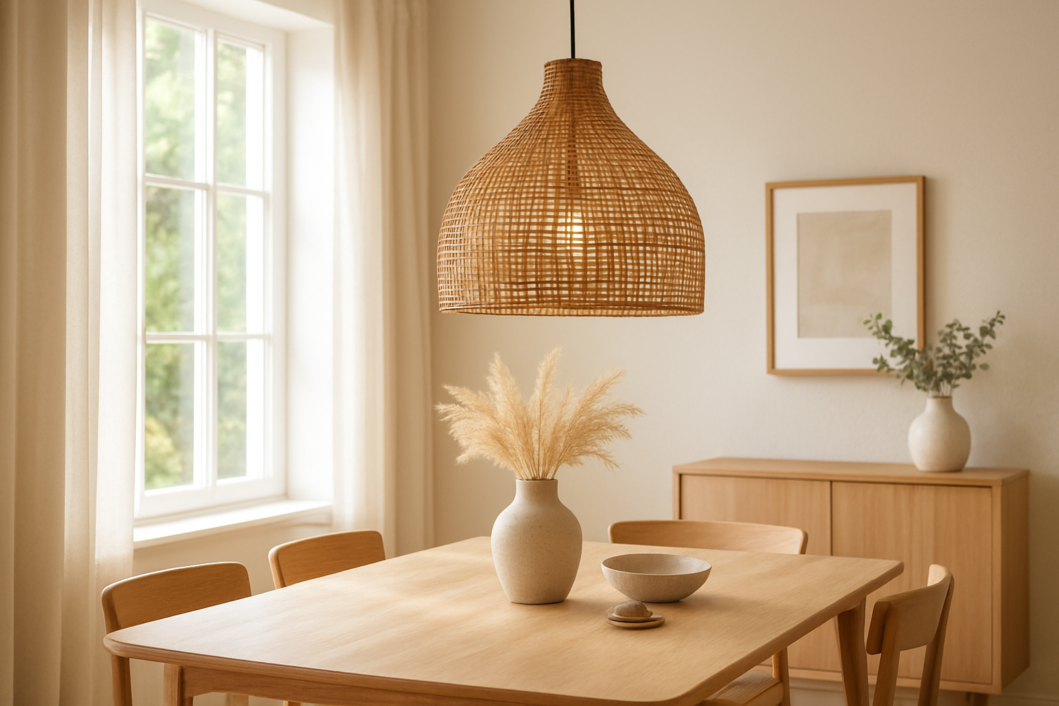 Suspension Jeancel en rotin tressé au-dessus d'une table à manger en bois dans un salon lumineux de style scandinave