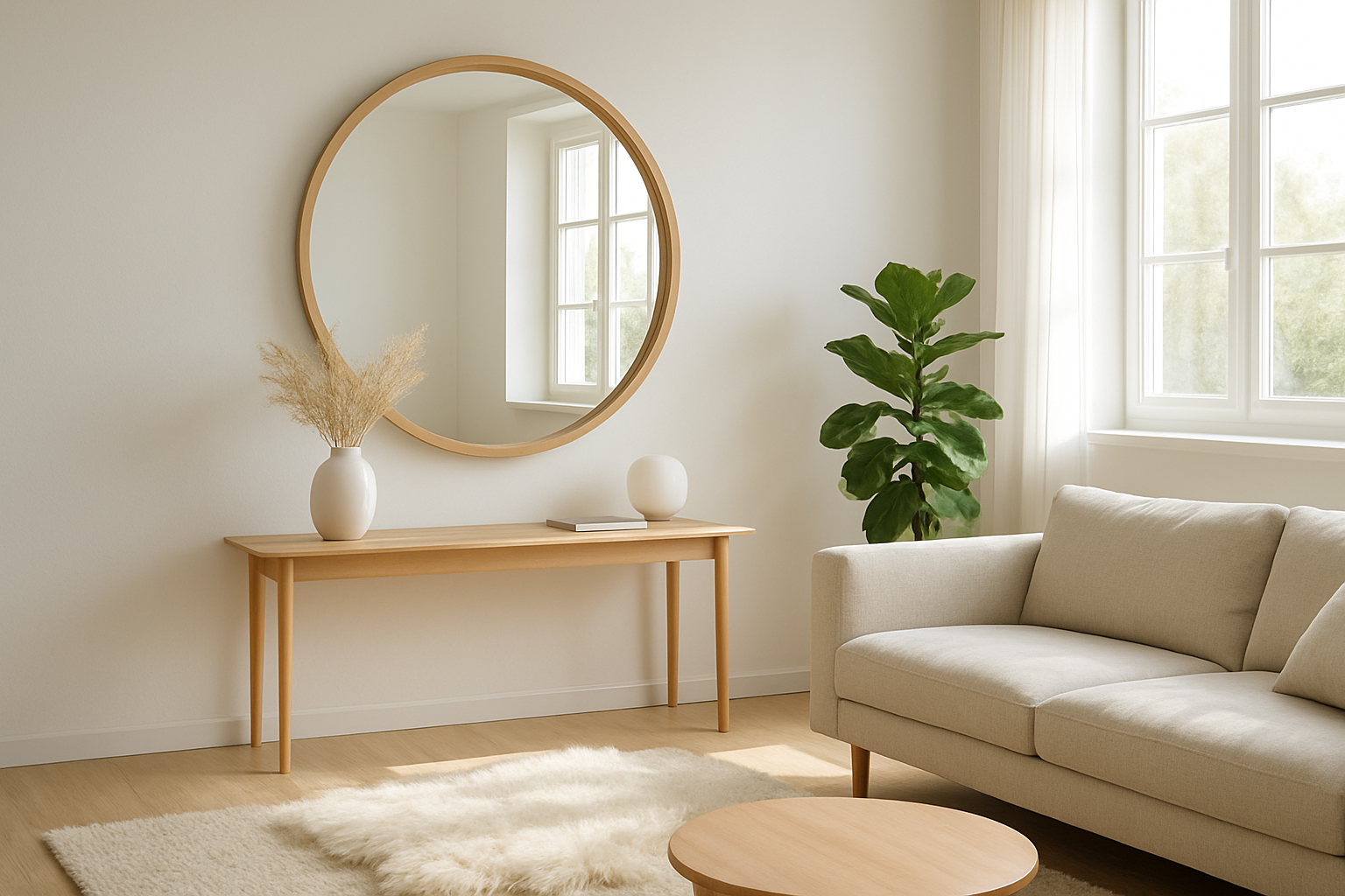 Grand miroir rond JYSK en bois clair accroché au mur au-dessus d'une console, reflétant une fenêtre lumineuse dans un salon scandinave