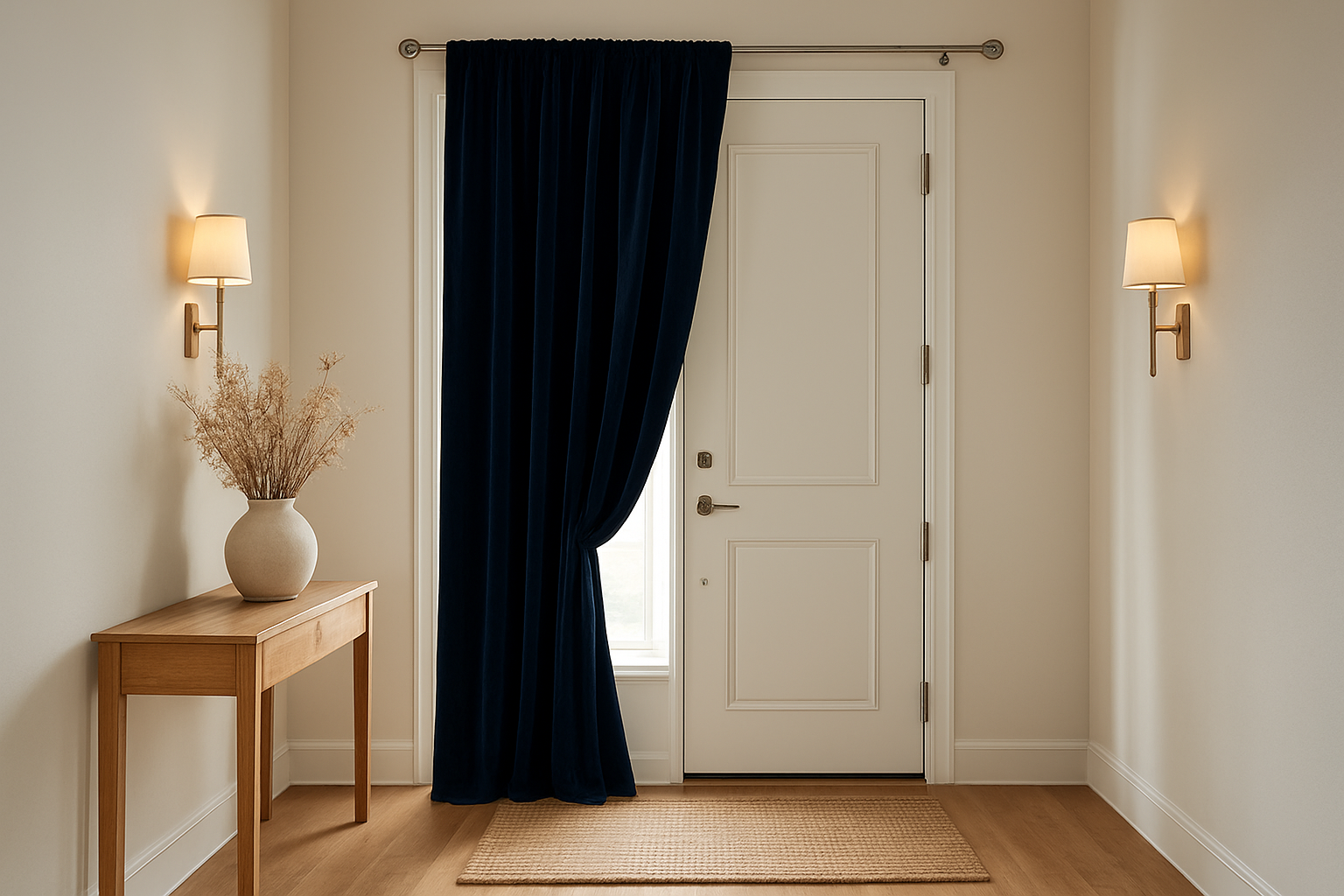 Rideau de porte d'entrée en velours bleu marine suspendu à une tringle métallique, dans un hall d'entrée lumineux avec console et tapis