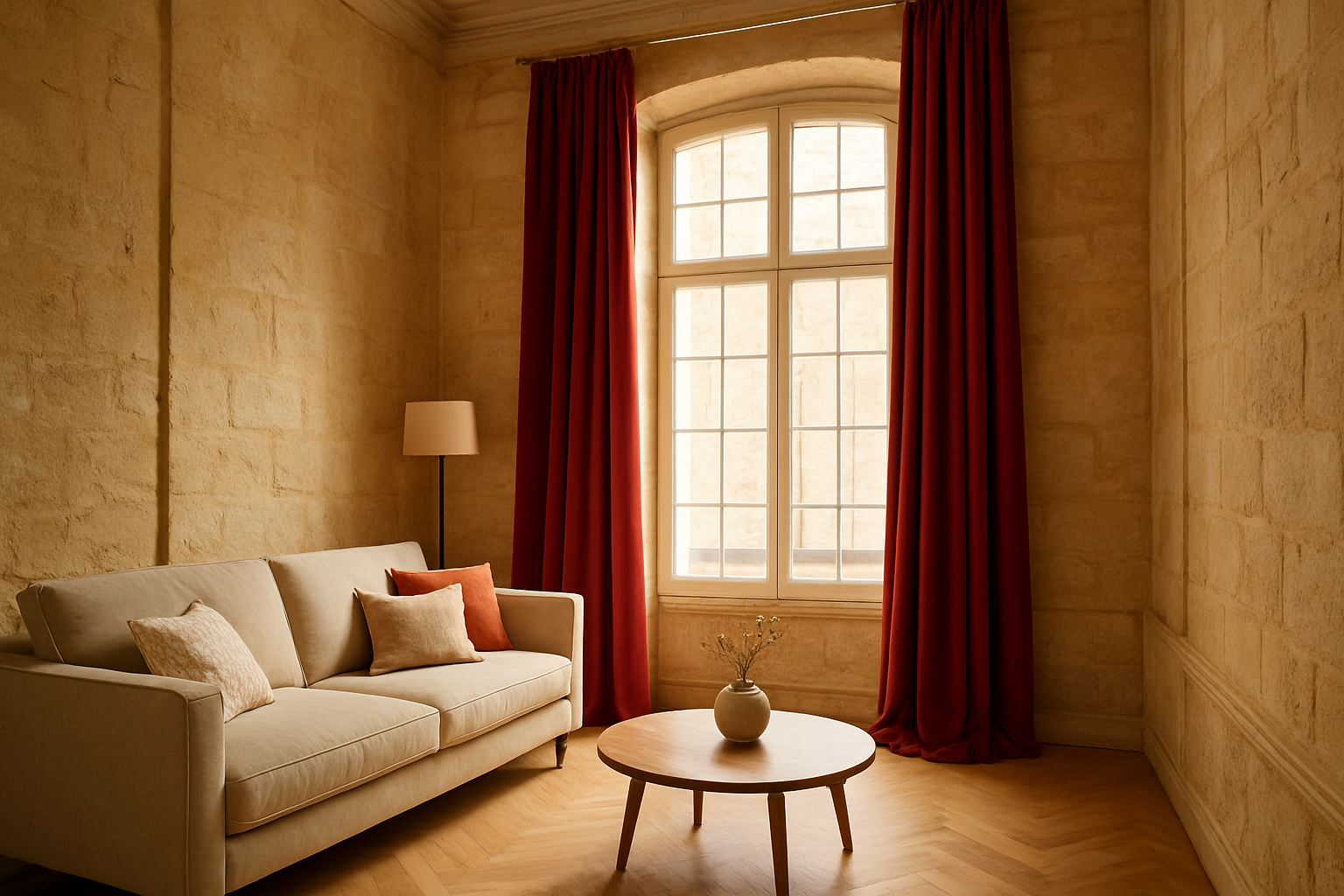 Rideau rouge velours dans un salon lyonnais avec hauts plafonds et murs en pierre dorée, lumière naturelle, tringle en laiton, canapé beige et parquet clair.