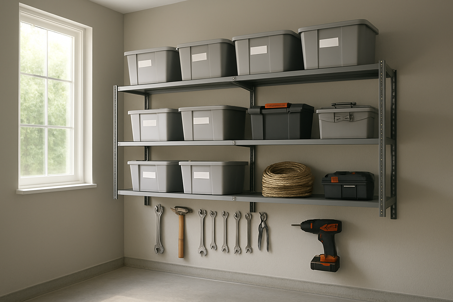 Étagère de garage métallique grise fixée au mur avec boîtes de rangement et outils suspendus, garage lumineux et organisé
