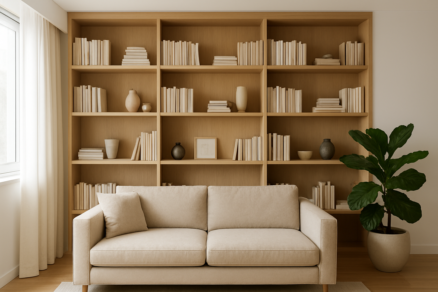 Mur de bibliothèque en bois clair avec étagères suspendues remplies de livres et objets déco, canapé beige et plante verte dans un salon lumineux