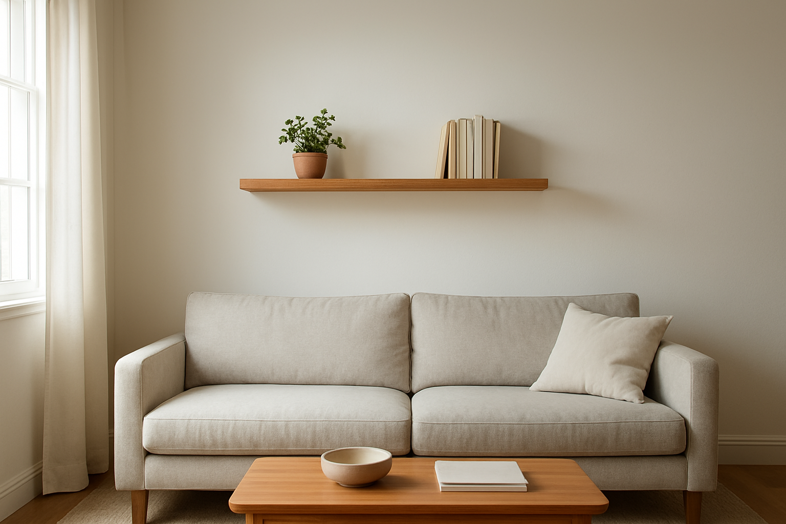 Étagère support invisible en bois sur mur blanc avec livres et plante verte, lumière naturelle du jour, style déco moderne