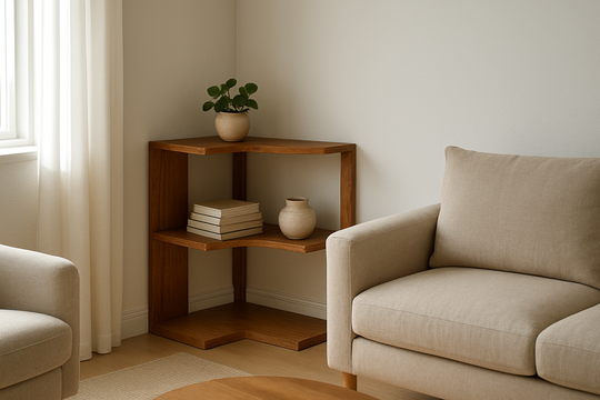 Étagère d'angle en bois dans un salon moderne, avec plante verte, livres et vase décoratif, éclairée par la lumière naturelle