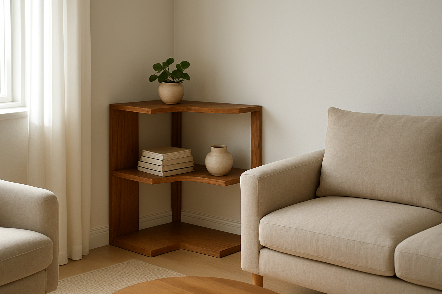 Étagère d'angle en bois dans un salon moderne, avec plante verte, livres et vase décoratif, éclairée par la lumière naturelle