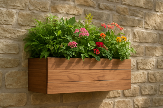 Jardinière en bois fixée sur un muret en pierre, garnie de plantes vertes et de fleurs colorées, baignée de lumière naturelle.
