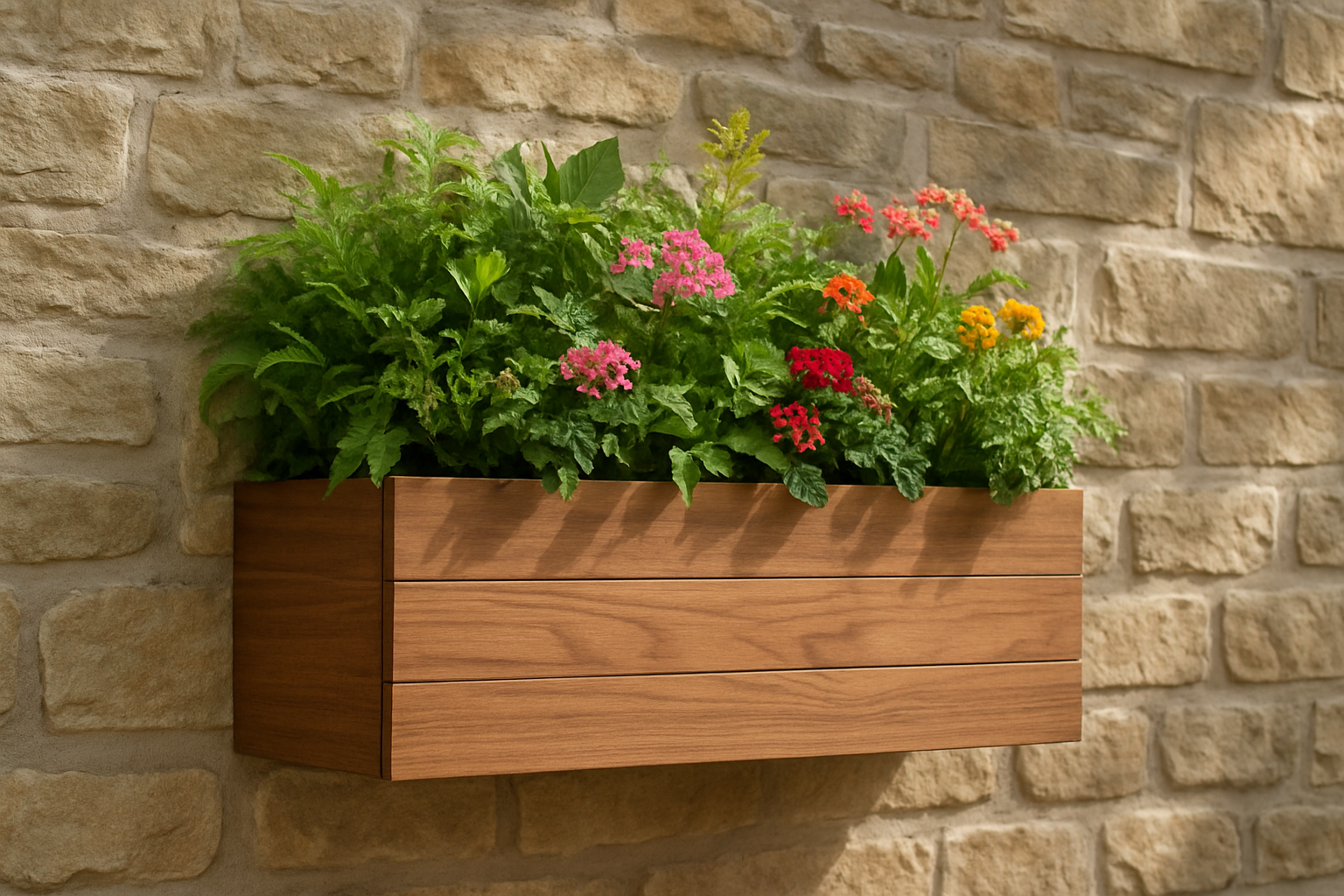 Jardinière en bois fixée sur un muret en pierre, garnie de plantes vertes et de fleurs colorées, baignée de lumière naturelle.