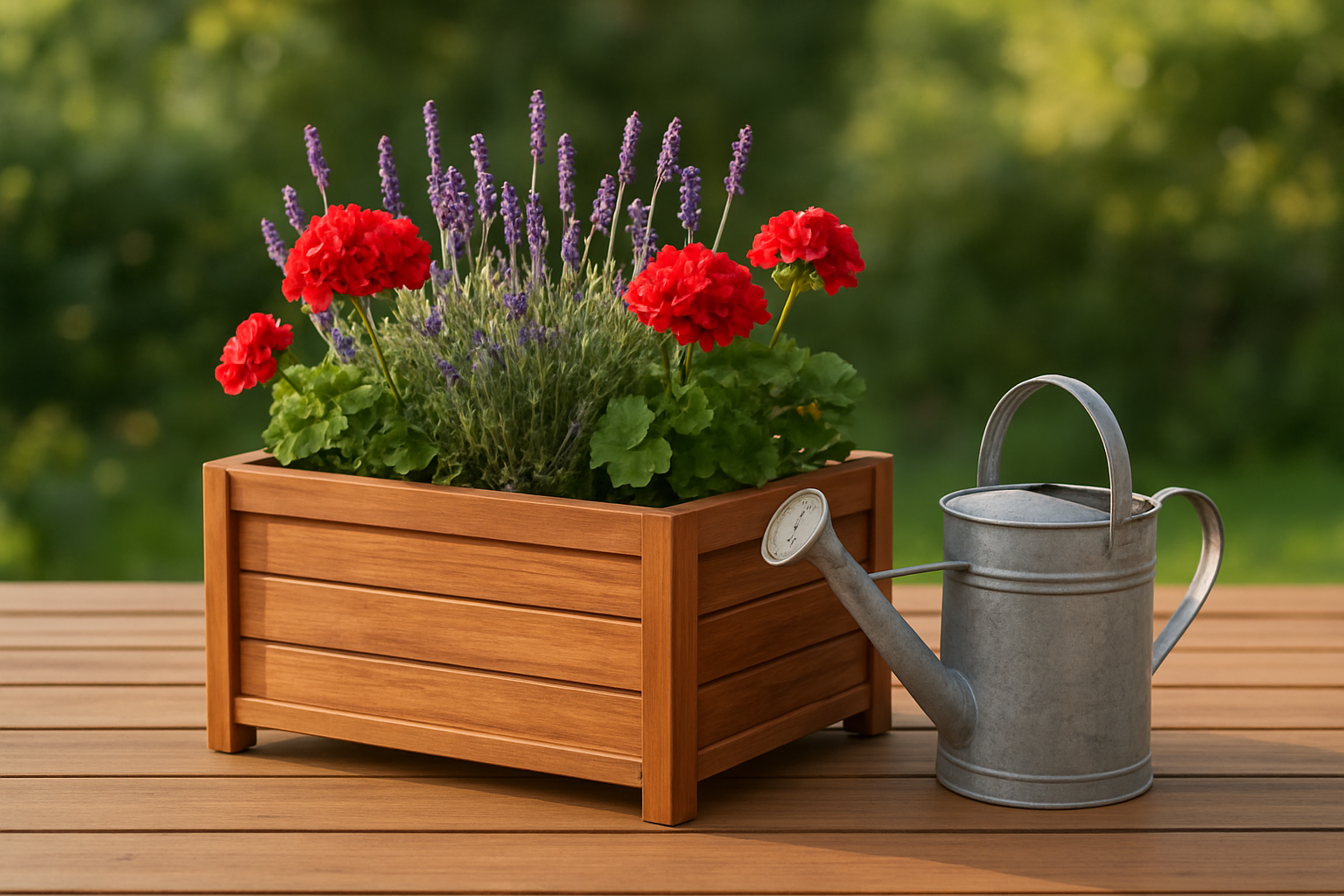 Jardinière en bois de teck Bricodepot sur terrasse avec lavande et géraniums, arrosoir métallique, lumière naturelle, style déco magazine