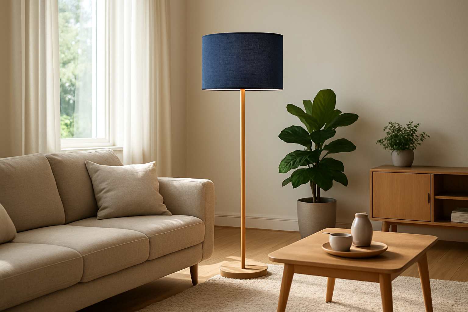 Abat-jour bleu marine en lin sur une lampe sur pied dans un salon scandinave avec canapé beige et plantes vertes