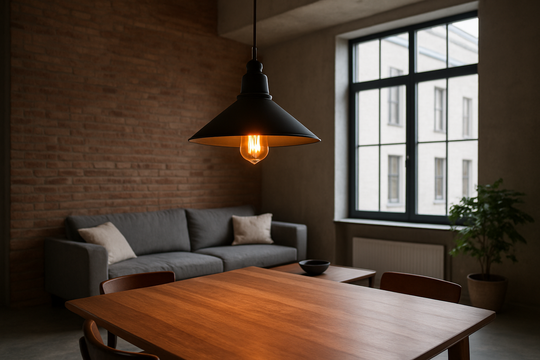 Suspension industrielle noire en métal conique au-dessus d'une table en bois dans un loft avec mur en brique et lumière naturelle
