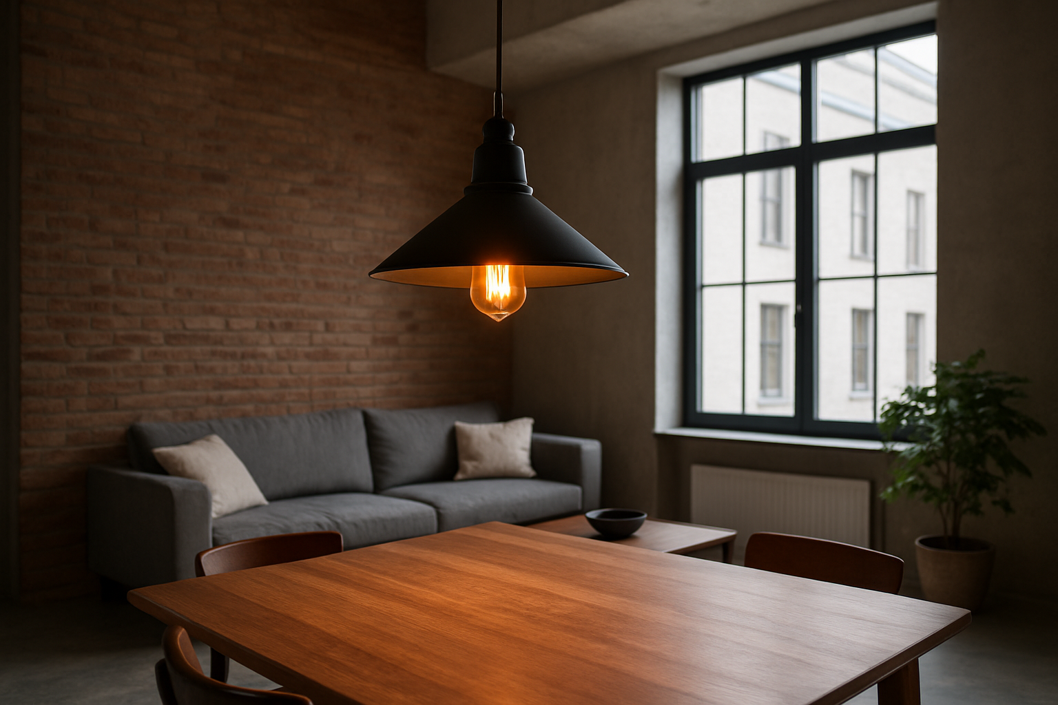 Suspension industrielle noire en métal conique au-dessus d'une table en bois dans un loft avec mur en brique et lumière naturelle