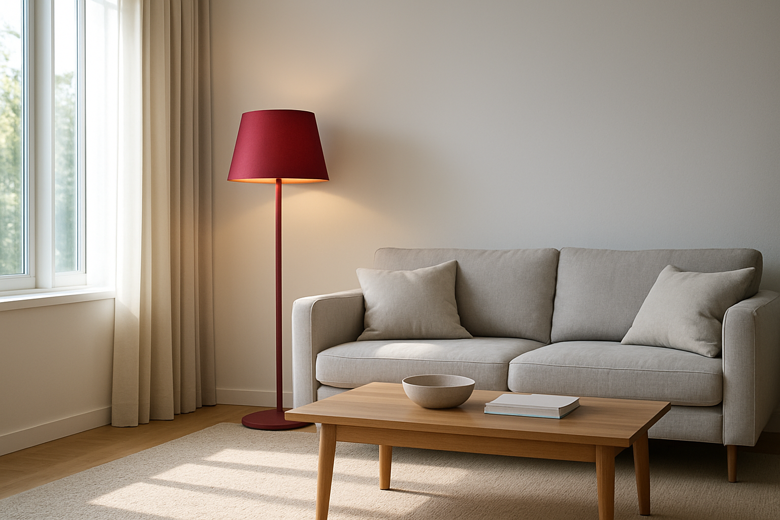 Lampadaire bordeaux design dans un salon moderne avec canapé gris et lumière naturelle
