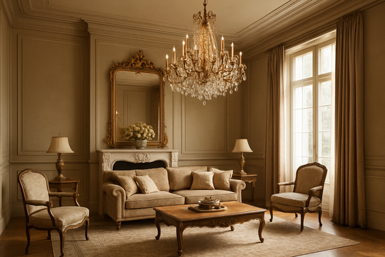 Lustre baroque en cristal et dorure suspendu dans un salon classique avec hauts plafonds, miroir et lumière naturelle
