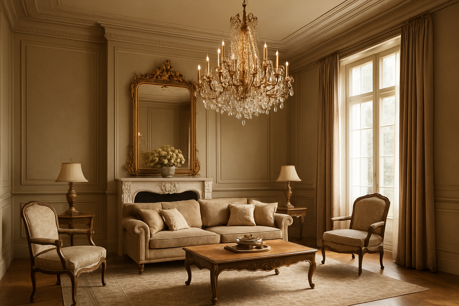 Lustre baroque en cristal et dorure suspendu dans un salon classique avec hauts plafonds, miroir et lumière naturelle