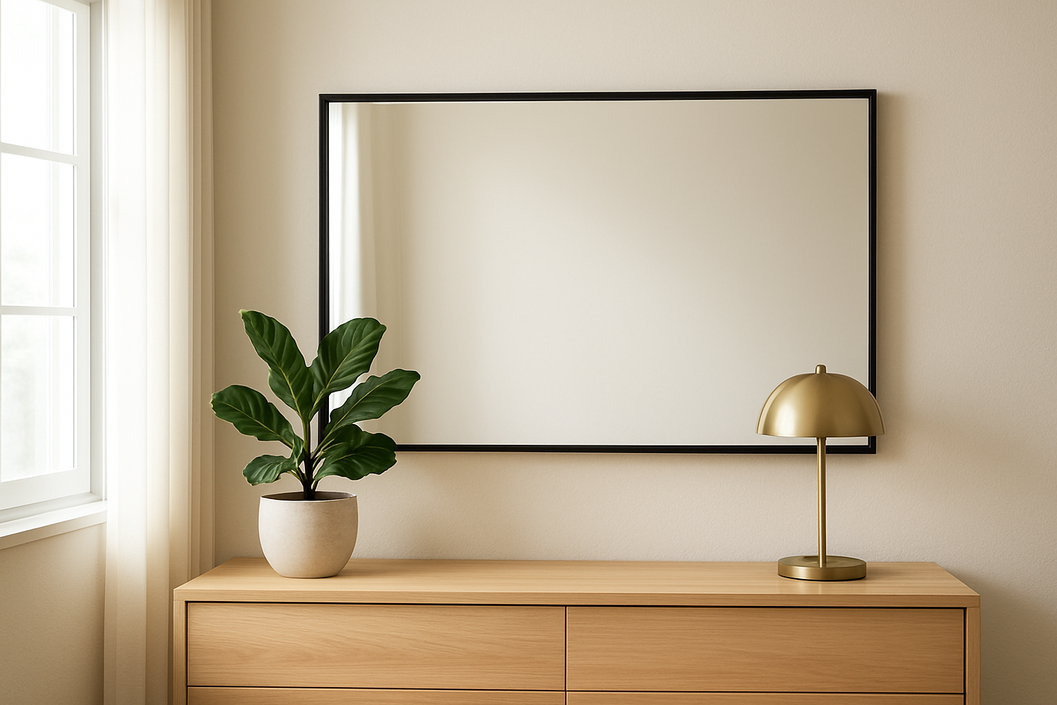 Grand miroir mural noir design rectangulaire au-dessus d'une console en bois clair, avec plante verte et lampe dorée, dans un salon lumineux.