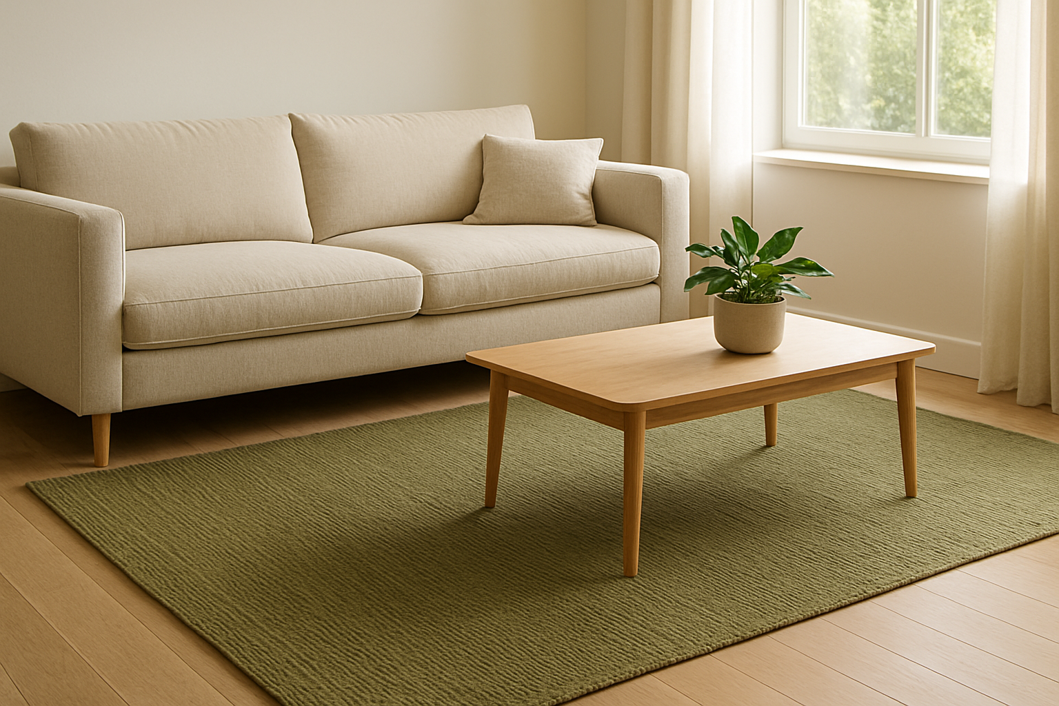 Grand tapis vert olive rectangulaire sous un canapé beige dans un salon lumineux avec une table basse en bois et une plante verte
