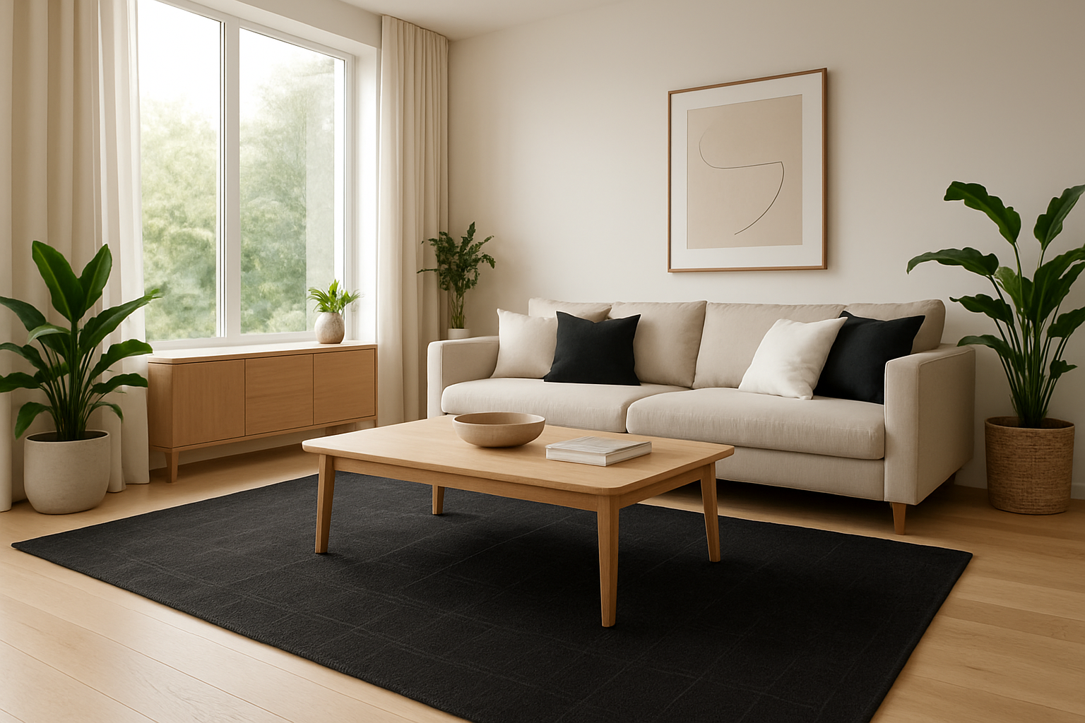 Salon moderne avec un grand tapis noir à motif géométrique sous une table basse en bois, canapé beige et plantes vertes, lumière naturelle.