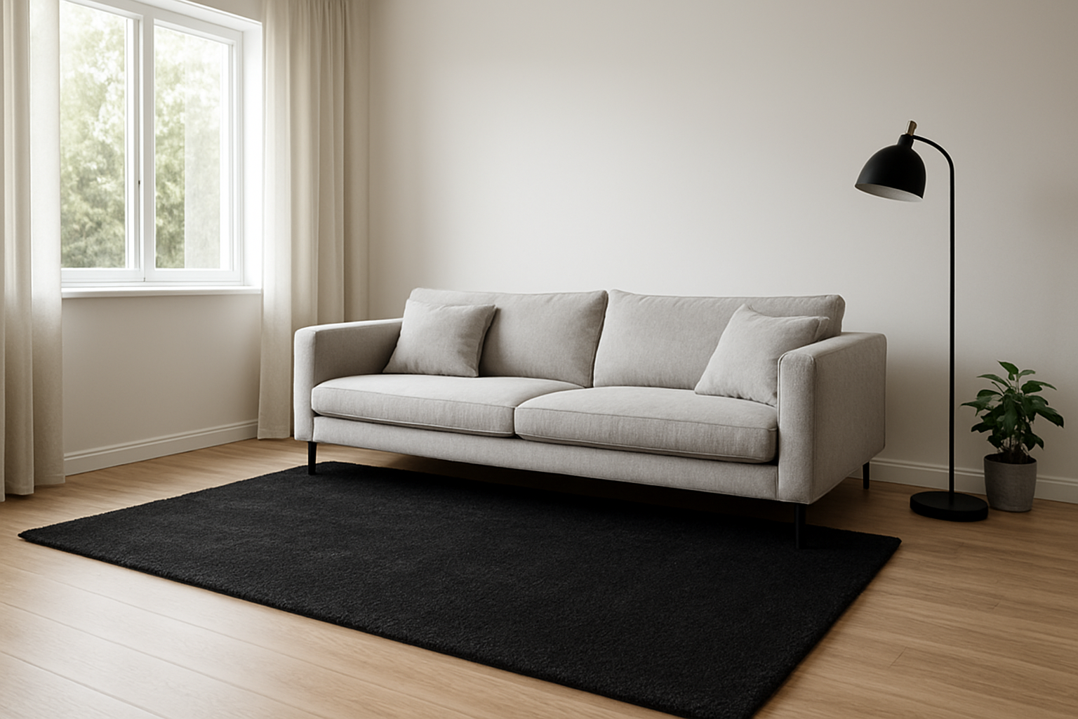 Salon moderne avec un grand tapis noir 200x300 sous un canapé gris clair, parquet bois, lumière naturelle, décoration minimaliste