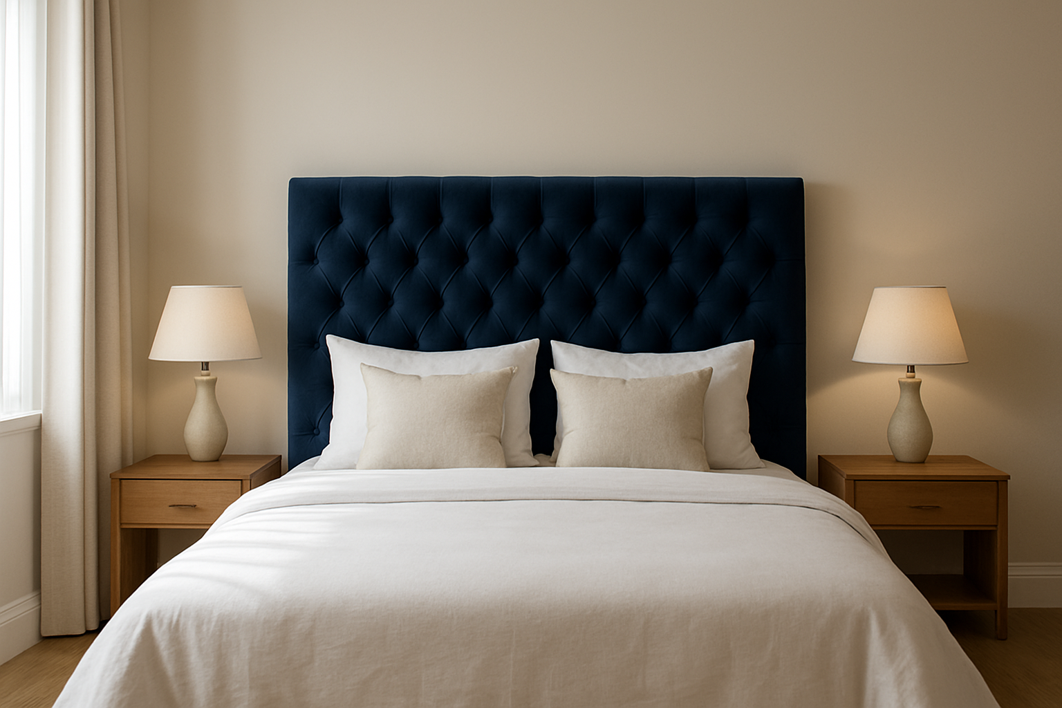 Grande tête de lit rembourrée capitonnée en velours bleu nuit dans une chambre moderne avec literie blanche et lampes de chevet en bois.
