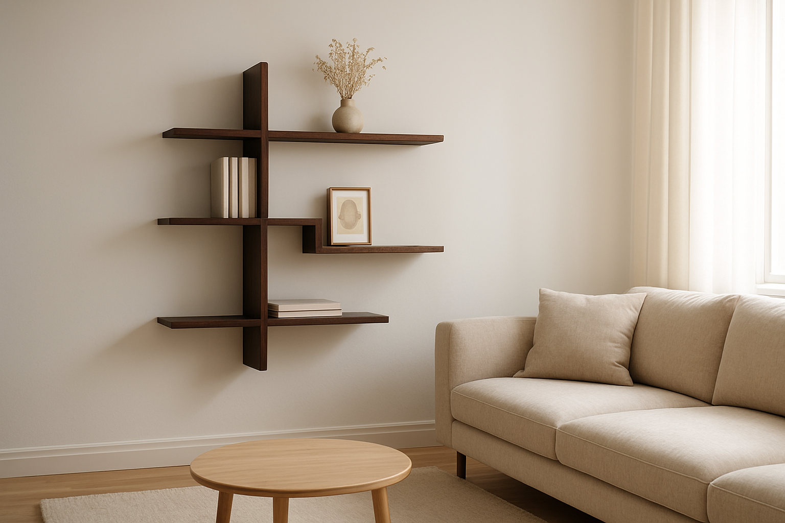 Étagère asymétrique en bois foncé sur mur blanc dans un salon scandinave, avec livres, vase et cadre décoratif