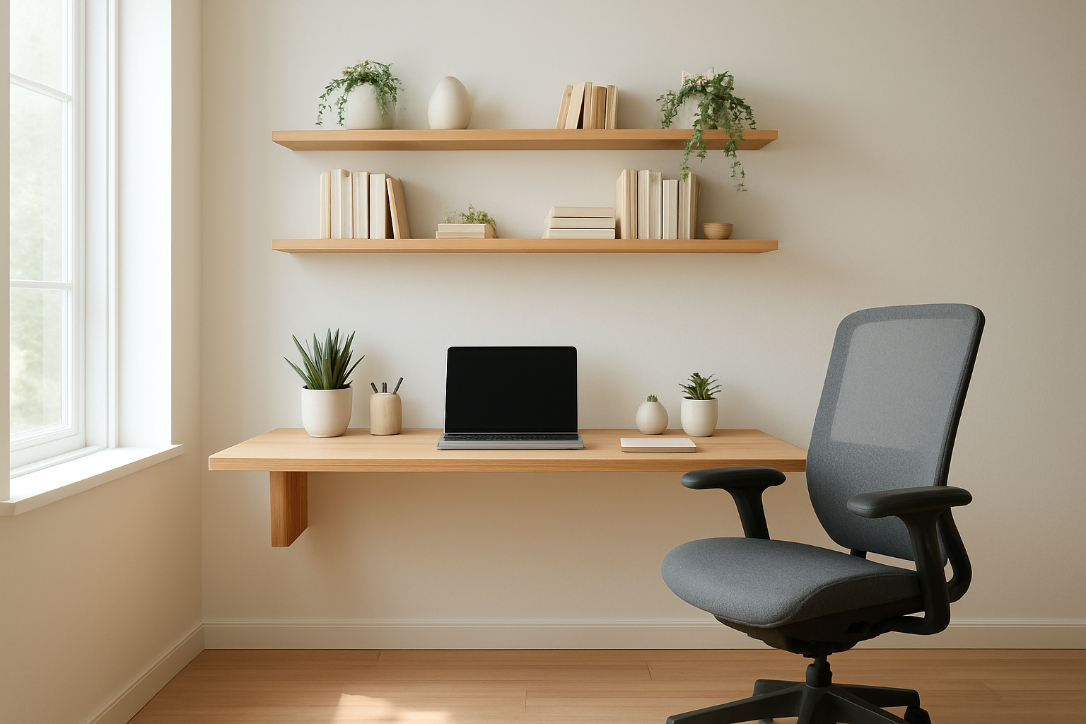 Bureau avec étagère mural en bois clair dans un intérieur lumineux, avec plantes et livres sur les étagères, chaise ergonomique grise