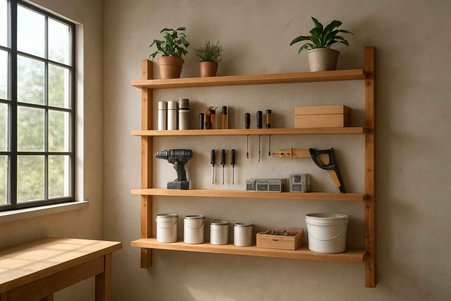 Étagère d'atelier en bois massif avec outils de bricolage et plantes, dans une pièce lumineuse au style industriel